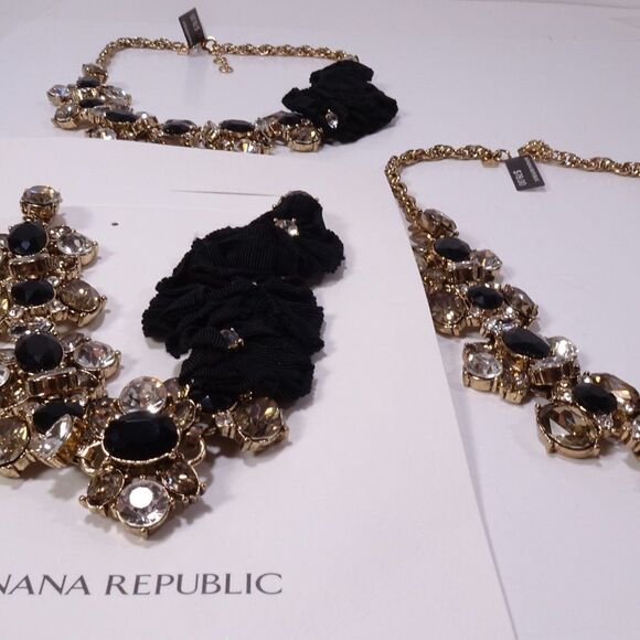 Banana Republic Black Grosgrain Ribbon Onyx Gem Stone Statement Crystal Necklace - Picture 9 of 15